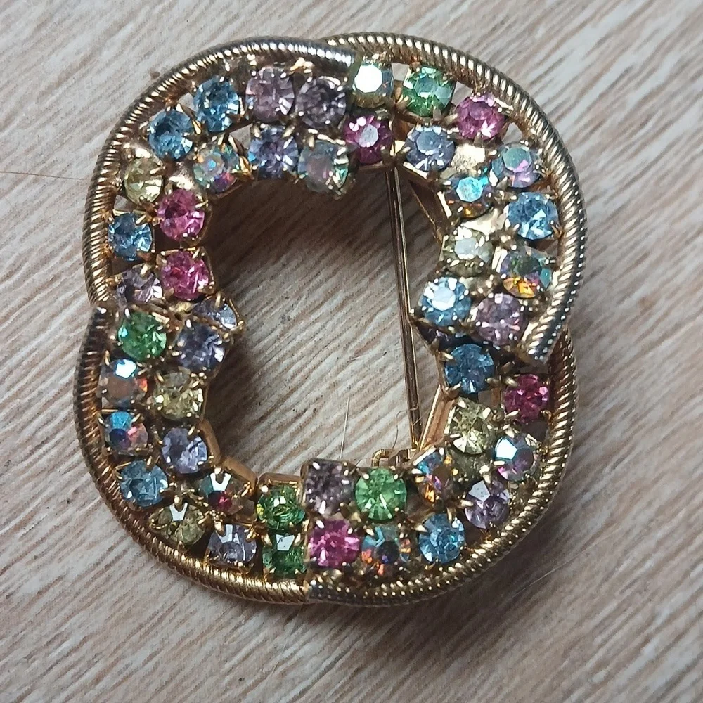 Vintage 80's Crystal Brooch Pin Encrusted Rhinestones Gold Filled Multi-Color - Picture 4 of 16